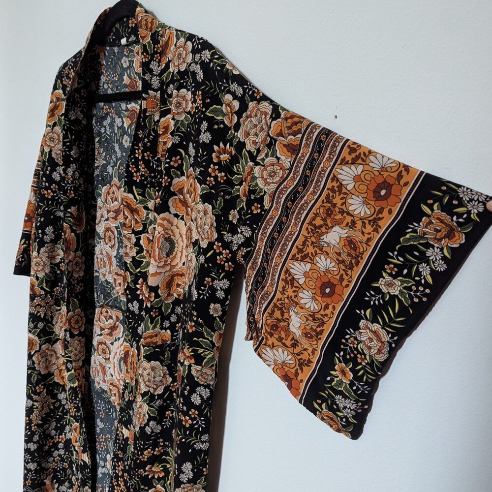 Boho Floral Kimono Duster, Vintage Canyon Bohemian Gypsy Robe Jacket